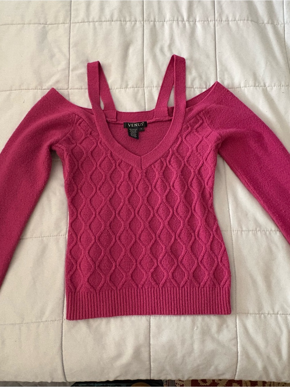 VENUS Hot Pink Off-Shoulder Cable Knit Sweater